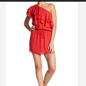 HAUTE HIPPIE L silk shell off the shoulder dress in gorgeous red/pink tone EUC